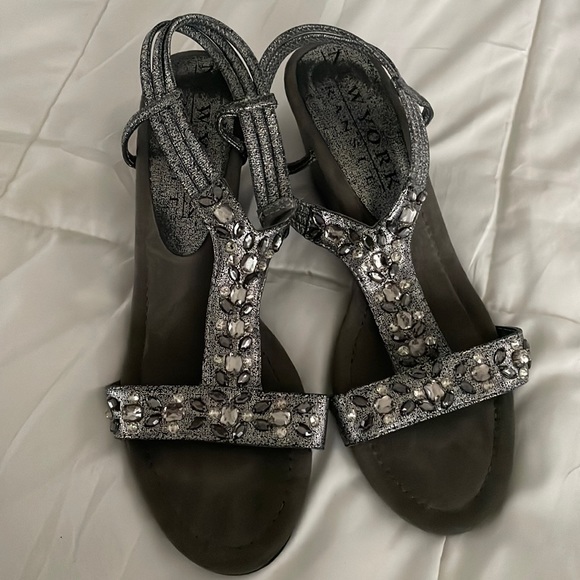 New York Transit Shoes - New York Transit bejeweled pull-on silver toned wedge, size 9.